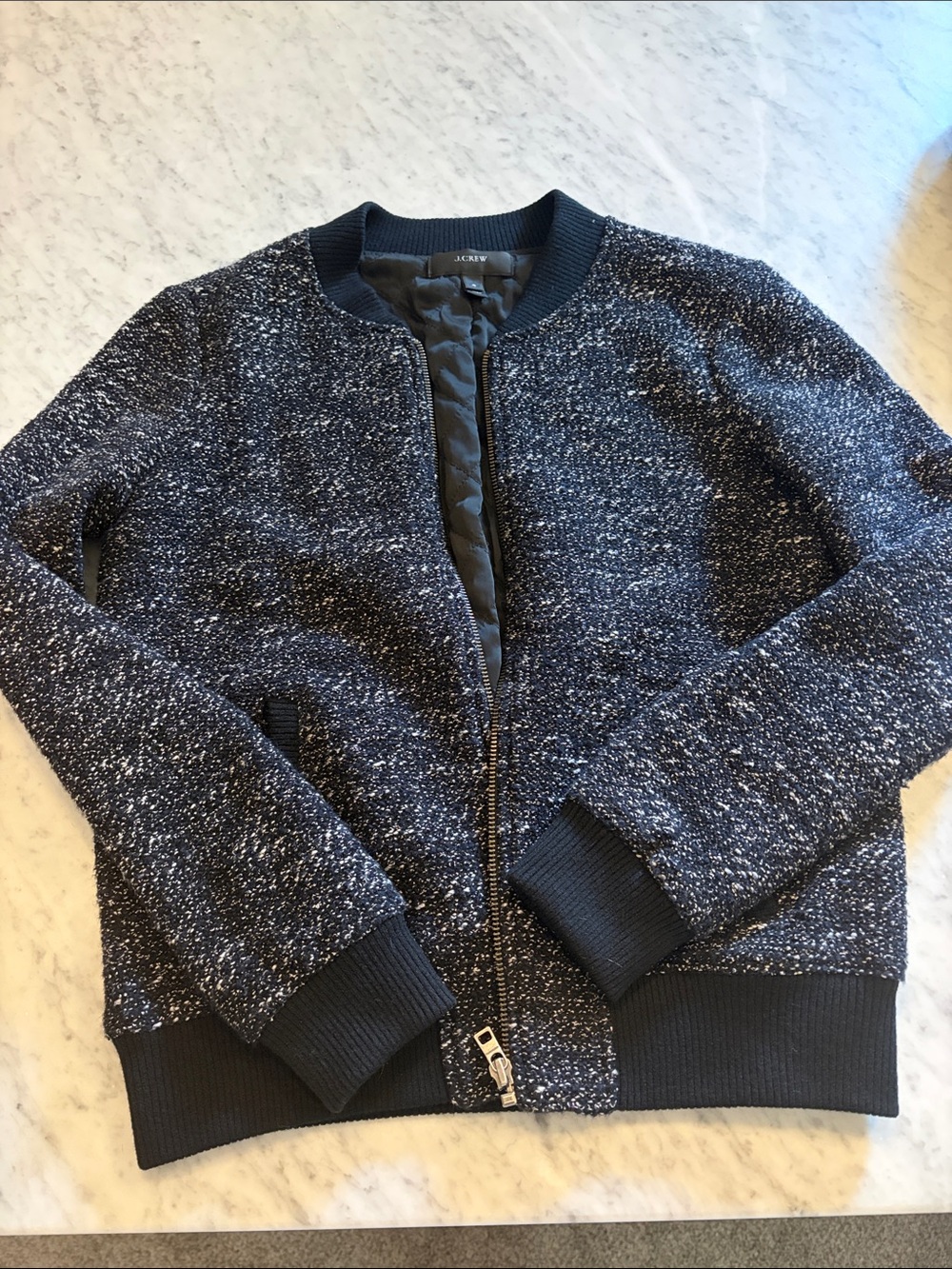 J. Crew Navy and White Speckled Knit Bomber Jacket